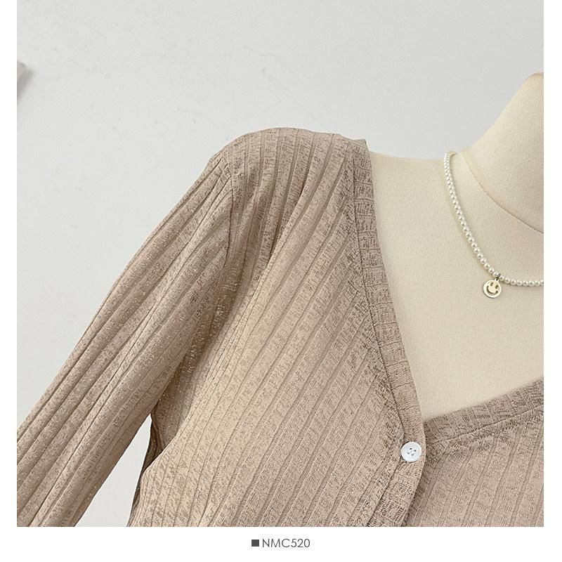 V-Neck Plain Ribbed Knit Cardigan