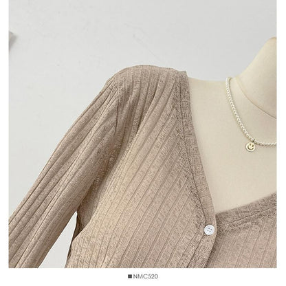 V-Neck Plain Ribbed Knit Cardigan