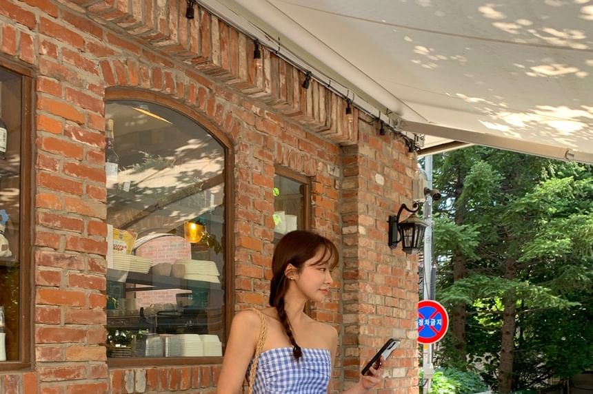 Strapless Gingham Ruched Maxi A-Line Dress