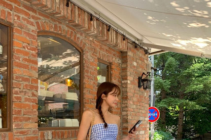 Strapless Gingham Ruched Maxi A-Line Dress