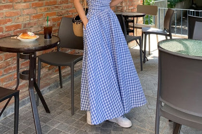 Strapless Gingham Ruched Maxi A-Line Dress