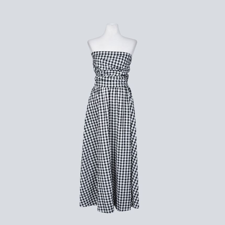 Strapless Gingham Ruched Maxi A-Line Dress
