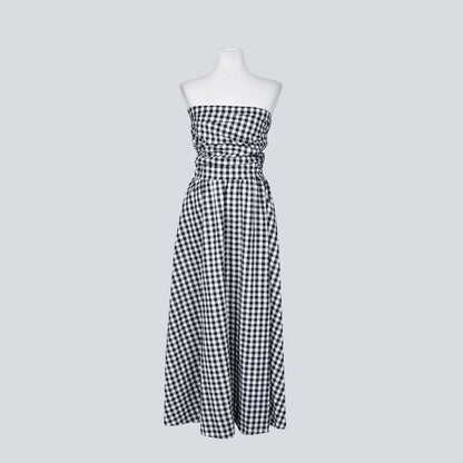 Strapless Gingham Ruched Maxi A-Line Dress