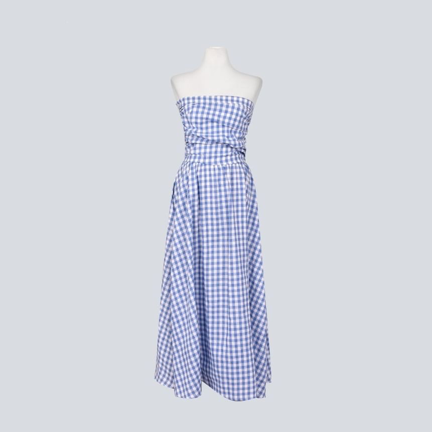 Strapless Gingham Ruched Maxi A-Line Dress