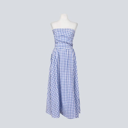 Strapless Gingham Ruched Maxi A-Line Dress