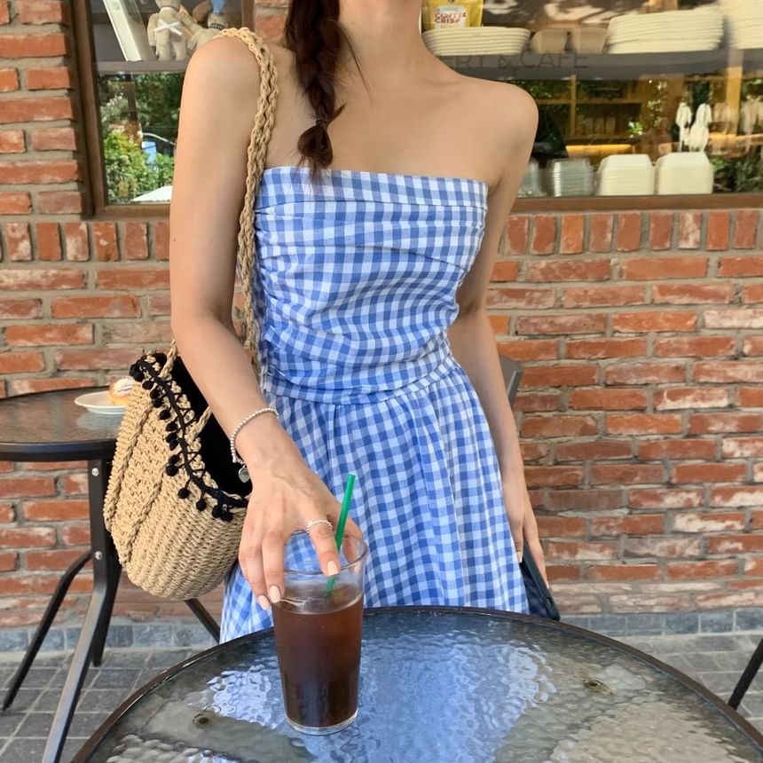 Strapless Gingham Ruched Maxi A-Line Dress