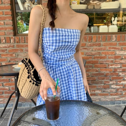 Strapless Gingham Ruched Maxi A-Line Dress