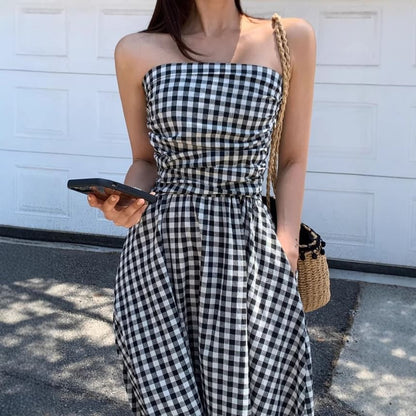 Strapless Gingham Ruched Maxi A-Line Dress