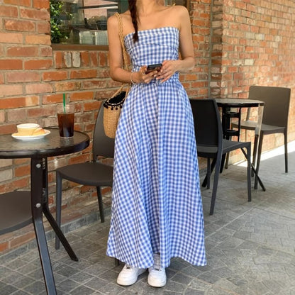 Strapless Gingham Ruched Maxi A-Line Dress