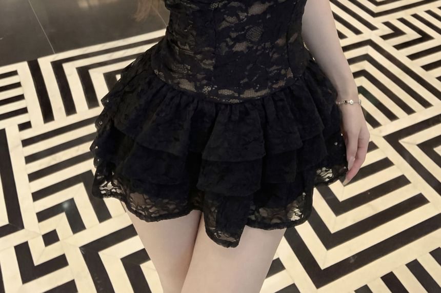Halter Neck Lace Crop Top / Mini Tiered Skirt / Plain Crop Cardigan