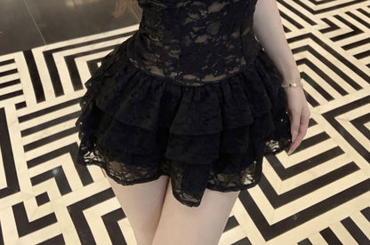 Halter Neck Lace Crop Top / Mini Tiered Skirt / Plain Crop Cardigan
