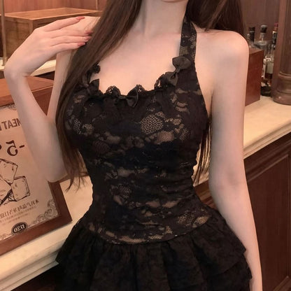 Halter Neck Lace Crop Top / Mini Tiered Skirt / Plain Crop Cardigan