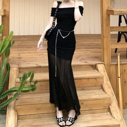 Short-Sleeve Off Shoulder Plain Maxi Sheath Dress