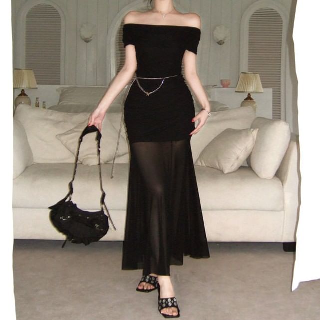 Short-Sleeve Off Shoulder Plain Maxi Sheath Dress