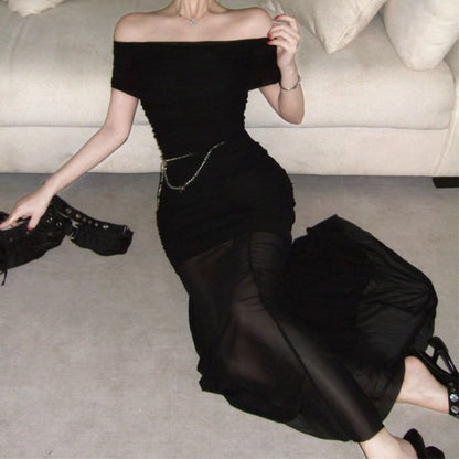 Short-Sleeve Off Shoulder Plain Maxi Sheath Dress