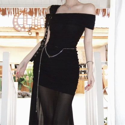 Short-Sleeve Off Shoulder Plain Maxi Sheath Dress
