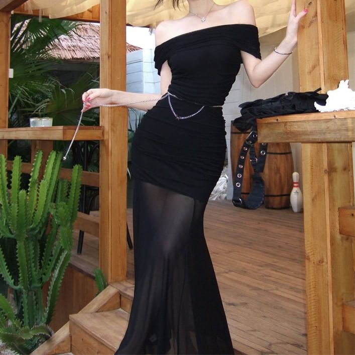 Short-Sleeve Off Shoulder Plain Maxi Sheath Dress