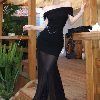 Short-Sleeve Off Shoulder Plain Maxi Sheath Dress