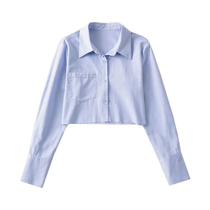 Collared Buttoned Cropped Plain Sleeved Shirt