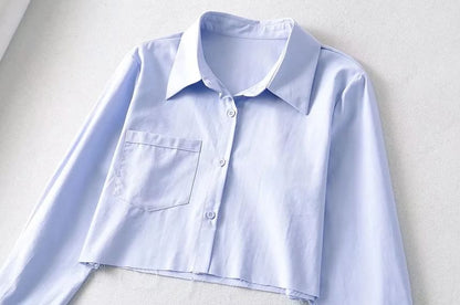 Collared Buttoned Cropped Plain Sleeved Shirt