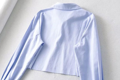 Collared Buttoned Cropped Plain Sleeved Shirt