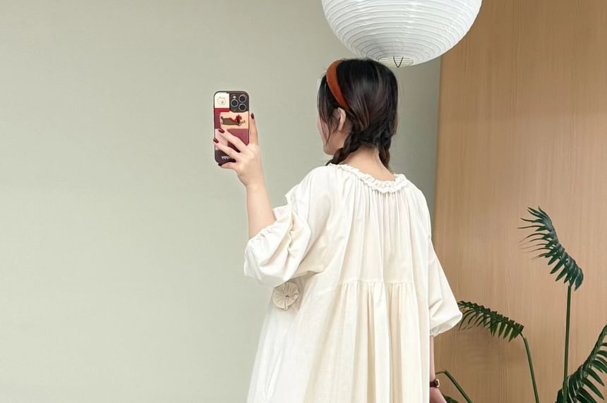 Puff-Sleeve Crewneck Plain Maxi A-Line Dress
