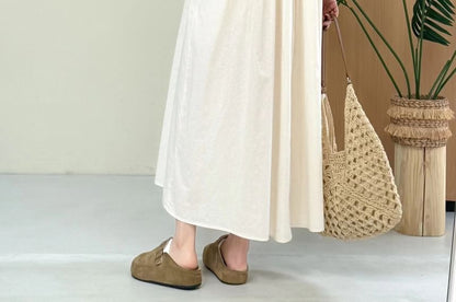 Puff-Sleeve Crewneck Plain Maxi A-Line Dress