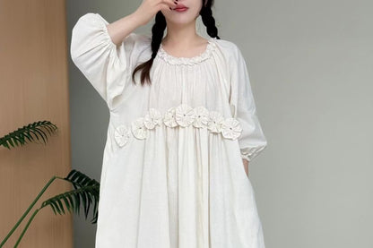 Puff-Sleeve Crewneck Plain Maxi A-Line Dress