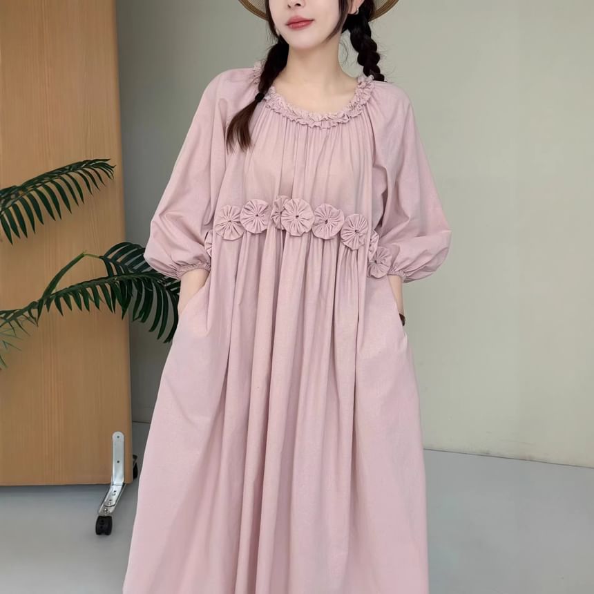 Puff-Sleeve Crewneck Plain Maxi A-Line Dress