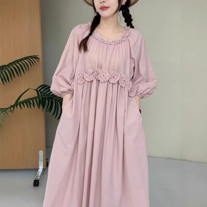 Puff-Sleeve Crewneck Plain Maxi A-Line Dress