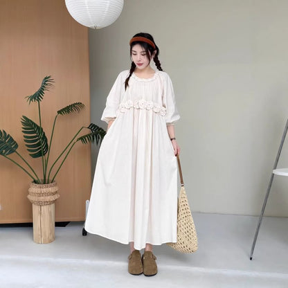 Puff-Sleeve Crewneck Plain Maxi A-Line Dress