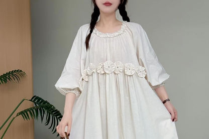 Puff-Sleeve Crewneck Plain Maxi A-Line Dress