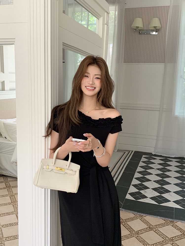 Short-Sleeve Ruffle Off Shoulder Plain Tie Waist Maxi Sheath Dress