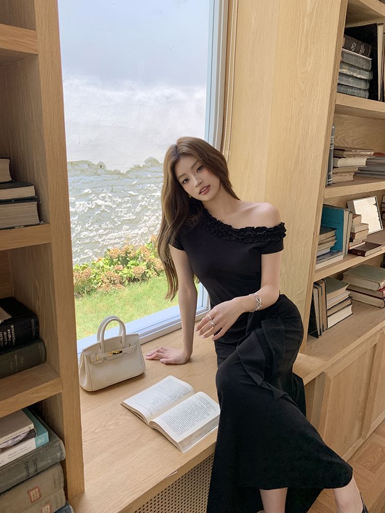 Short-Sleeve Ruffle Off Shoulder Plain Tie Waist Maxi Sheath Dress