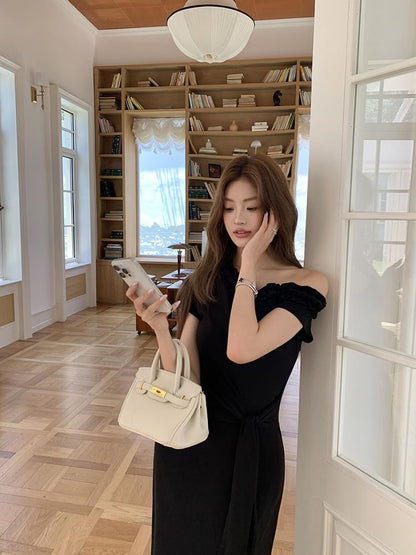 Short-Sleeve Ruffle Off Shoulder Plain Tie Waist Maxi Sheath Dress