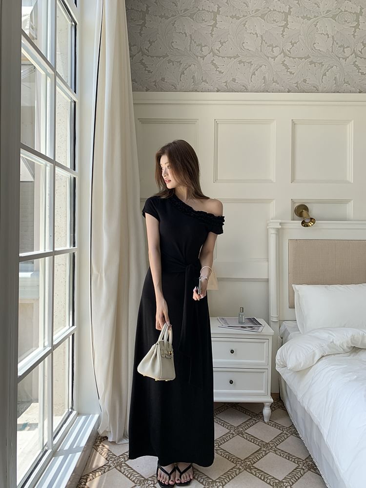 Short-Sleeve Ruffle Off Shoulder Plain Tie Waist Maxi Sheath Dress