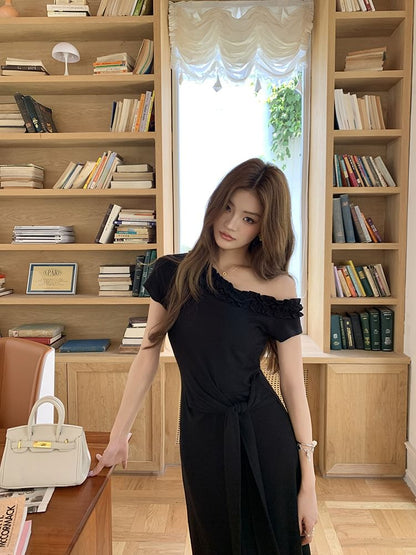 Short-Sleeve Ruffle Off Shoulder Plain Tie Waist Maxi Sheath Dress