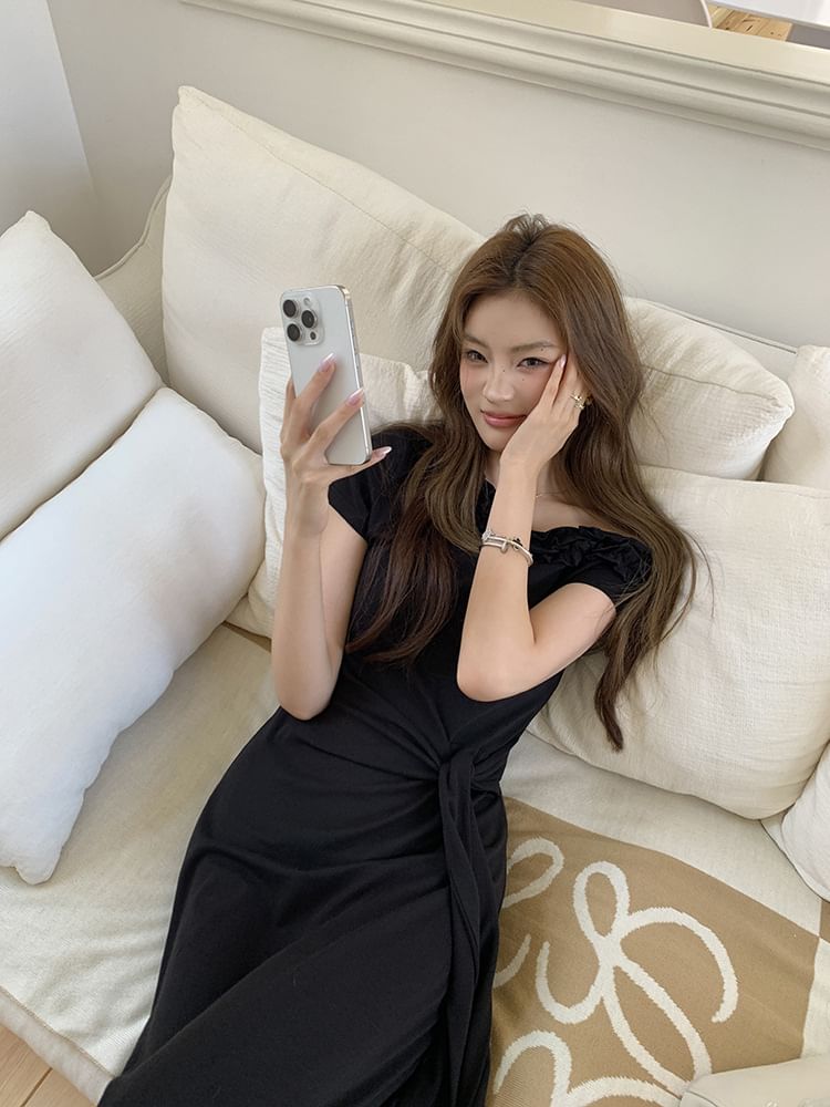 Short-Sleeve Ruffle Off Shoulder Plain Tie Waist Maxi Sheath Dress