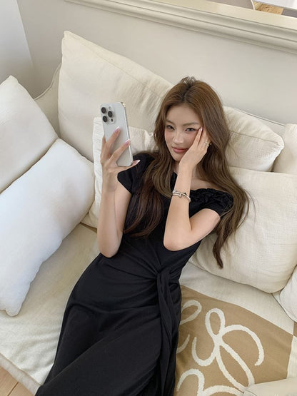 Short-Sleeve Ruffle Off Shoulder Plain Tie Waist Maxi Sheath Dress