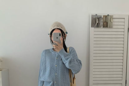 Crewneck Button-Up Plain Cardigan