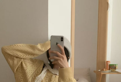 Crewneck Button-Up Plain Cardigan
