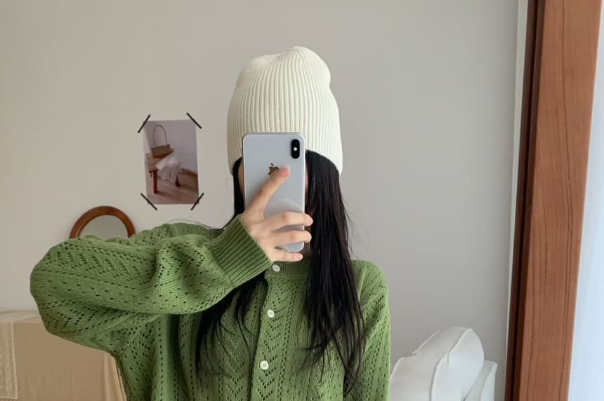 Crewneck Button-Up Plain Cardigan