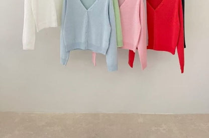 V-Neck Button-Up Plain Cardigan