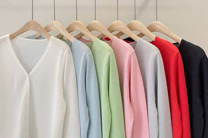 V-Neck Button-Up Plain Cardigan