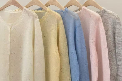 Button-Up Perforated Plain Cardigan