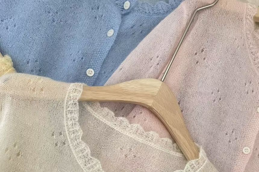 Button-Up Perforated Plain Cardigan