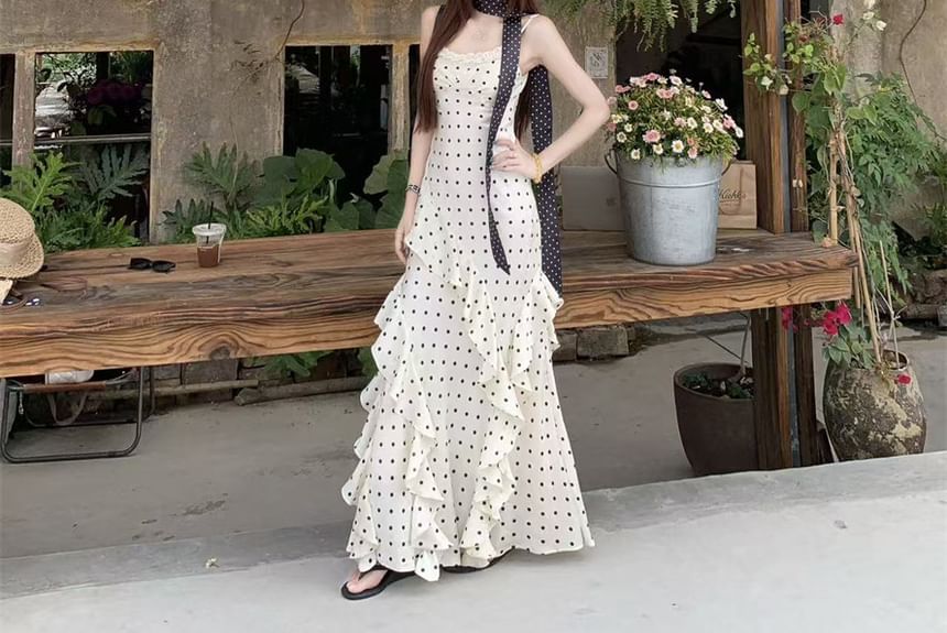 Set: Spaghetti Strap Dotted Ruffle Maxi A-Line Dress + Scarf
