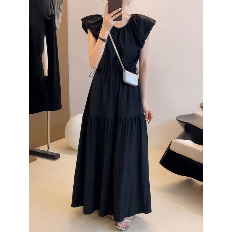 Cap-Sleeve Round Neck Plain Ruched Maxi A-Line Dress