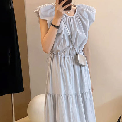 Cap-Sleeve Round Neck Plain Ruched Maxi A-Line Dress