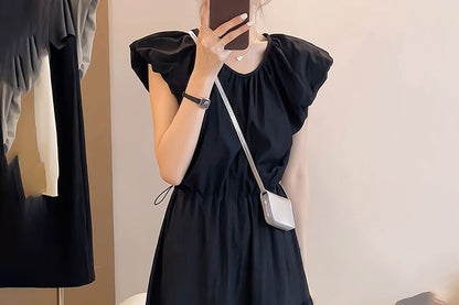 Cap-Sleeve Round Neck Plain Ruched Maxi A-Line Dress